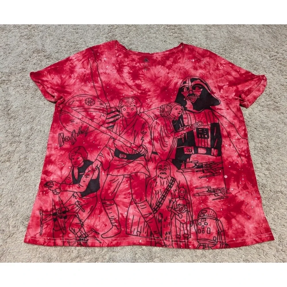 Disney Store Star Wars Graphic Cartoon Red Tie Dye T Shirt Womens Sz XL Scribble